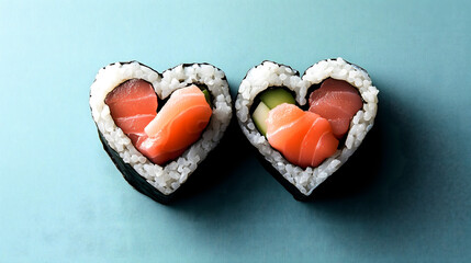 Heart-Shaped Salmon Sushi for Valentines. Valentines Day celebration or a romantic dinner.
A valentine's day special dish for dinner. Set of rolls for restaurant menu on blue background.AI generation