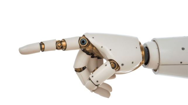 Robot hand pointing, isolated on transparent background