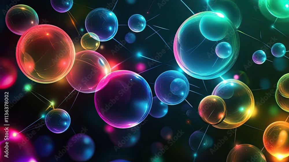 Poster illuminated spheres in vivid colors floating in a dark abstract background, connected by glowing lin
