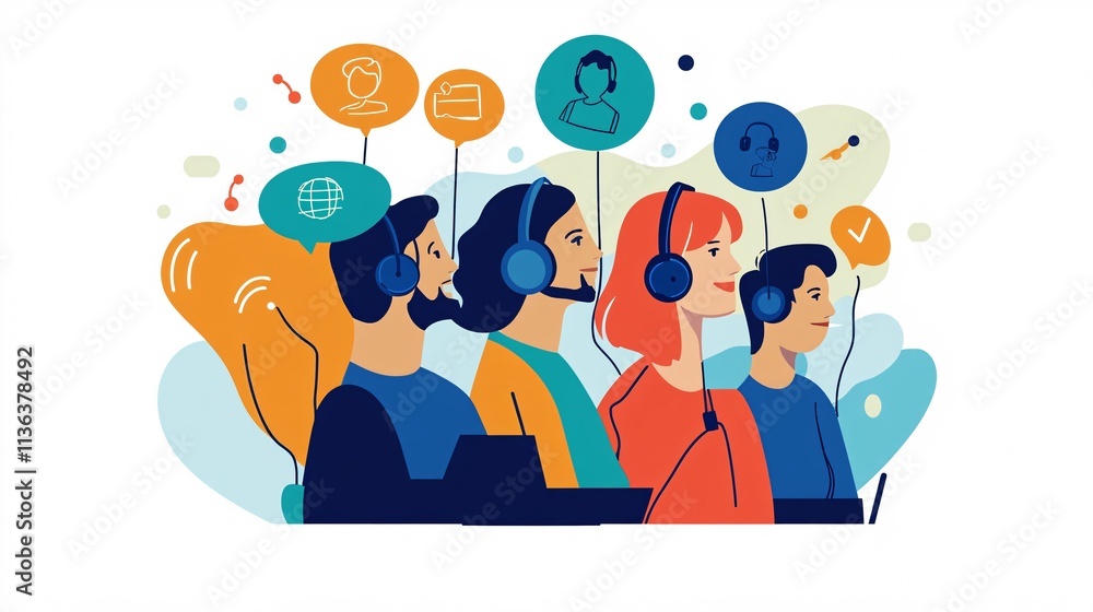 Poster Call center operators wearing headsets and working with diverse clients around the world