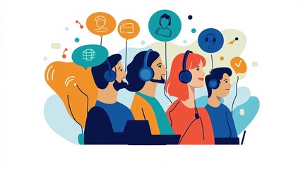 Naklejka premium Call center operators wearing headsets and working with diverse clients around the world