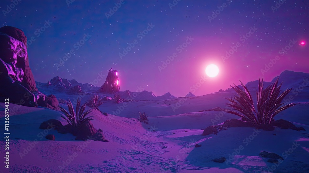 Poster neon deserts with glowing structures, mysterious alien flora, and a bright horizon in synthwave styl