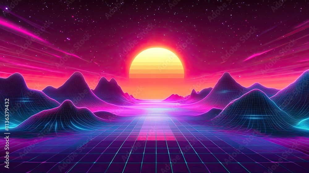 Poster neon deserts with glowing structures, mysterious alien flora, and a bright horizon in synthwave styl