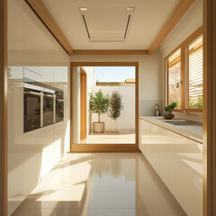 Fototapeta premium A modern kitchen interior featuring sleek cabinetry, large windows, and natural light. design emphasizes minimalism and elegance, creating warm and inviting atmosphere