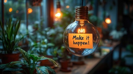 "Make It Happen" Note on Light Bulb in Greenhouse Setting  

