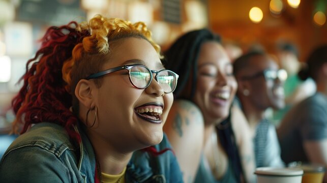 A diverse group of friends, including a plus-sized person, a person with albinism, and a transgender individual, laughing together at a caf?(C), embodying inclusivity and confidence. - Powered by Adobe