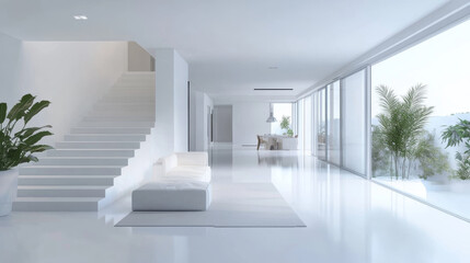 Obraz premium A modern, spacious interior featuring minimalist design with white walls and floors. open layout includes staircase, cozy sofa, and large windows allowing natural light to flood space, creating serene