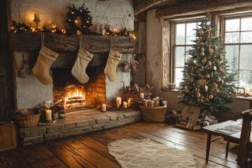 Fototapeta premium A cozy holiday scene featuring rustic fireplace adorned with stockings, glowing fire, and beautifully decorated Christmas tree. warm ambiance invites feelings of joy and nostalgia