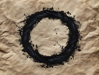A circular black ink design on crumpled paper, suggesting simplicity and elegance.