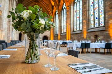 A gothic dining hall with a darkly elegant table setting, lit by candelabras, showing impeccable etiquette in a moody atmosphere