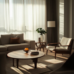 Fototapeta premium A cozy living room bathed in soft sunlight, featuring comfortable sofa, stylish armchair, and round coffee table. warm ambiance invites relaxation and tranquility
