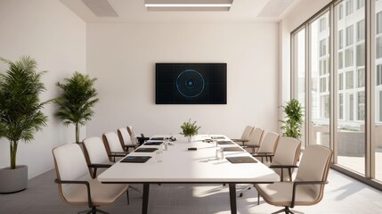 Risk scale measurement and management, A modern conference room featuring a large table, ergonomic chairs, a TV screen, and plants, designed for meetings and collaboration.
