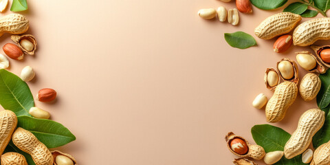 Nuts and leaves arranged on light background create natural and fresh composition. This showcases various types of nuts, including peanuts and hazelnuts, surrounded by green leaves