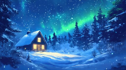 Naklejka premium The green northern lights glow in the blue sky above a cozy cottage in a snowy Lapland forest.