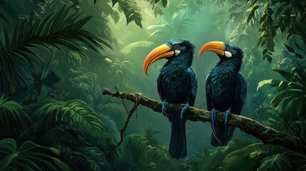 Obraz premium Two majestic hornbills perched on a branch, surrounded by the dense green foliage of a tropical forest.