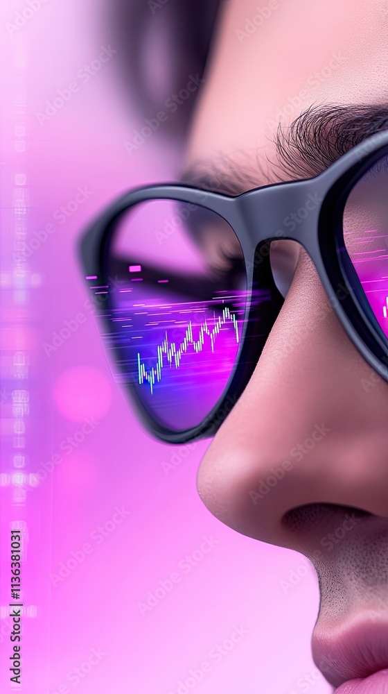 Poster focused trader analyzing market trends through glasses while reflecting on a digital stock chart