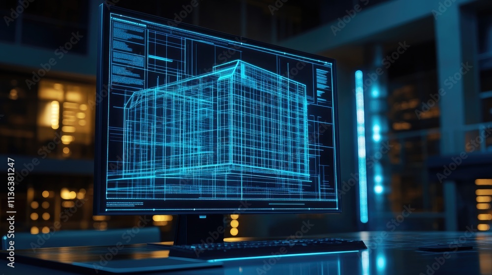 Poster 3d model display on computer screen with blueprint design