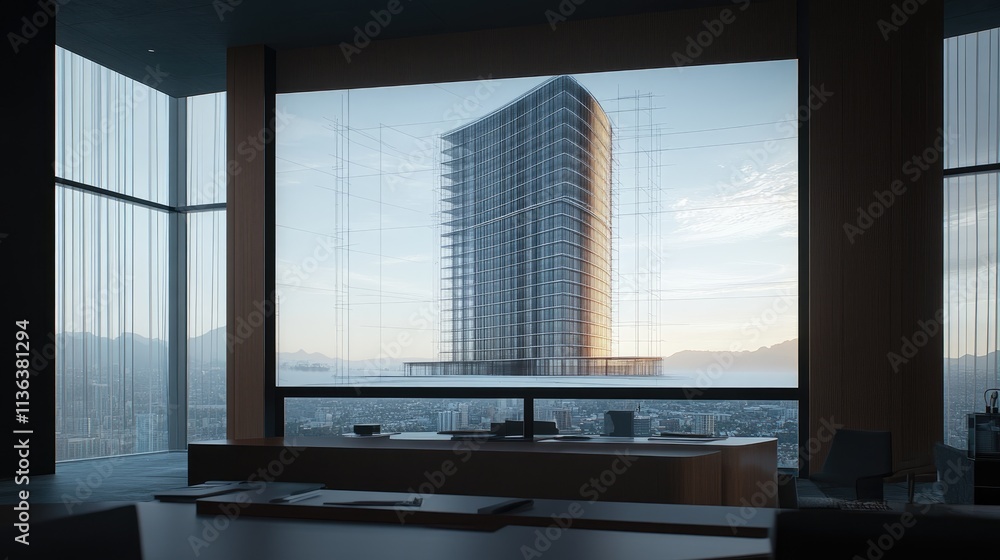 Poster modern architectural design of skyscraper with urban view