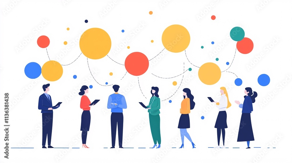 Poster businesspeople using digital tablet and sharing ideas connected by network