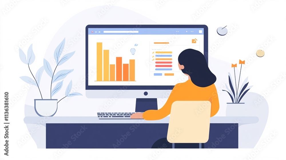 Aufkleber businesswoman analyzing graphs and data on computer in modern office