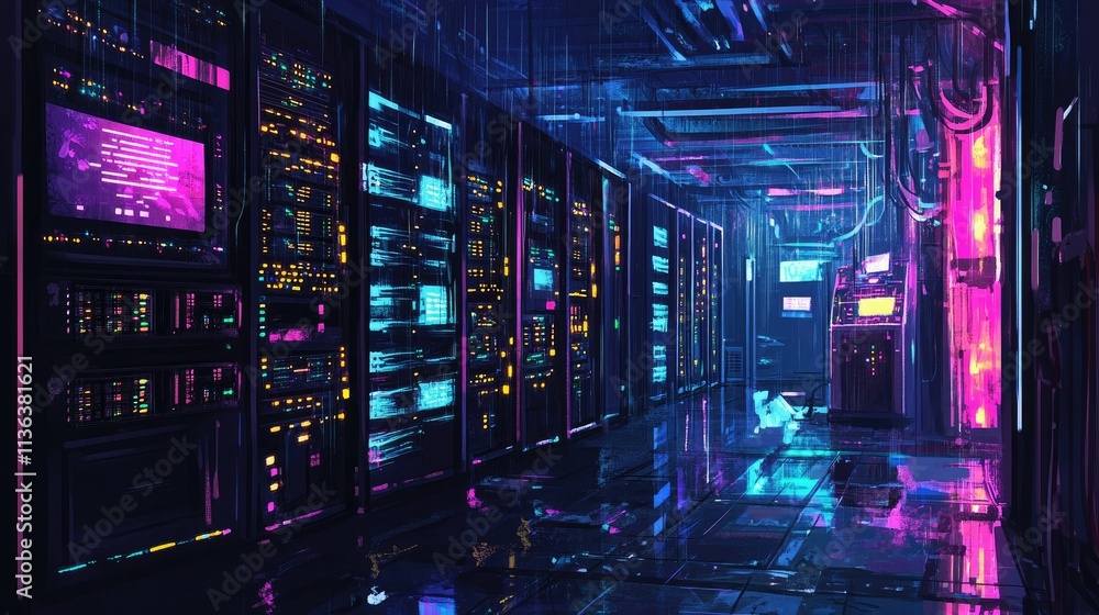 Aufkleber a dark data center with vibrant neon lights reflecting off high-tech server racks and network hubs.