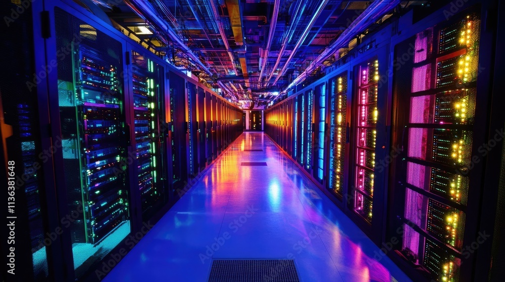 Poster a dark data center with vibrant neon lights reflecting off high-tech server racks and network hubs.