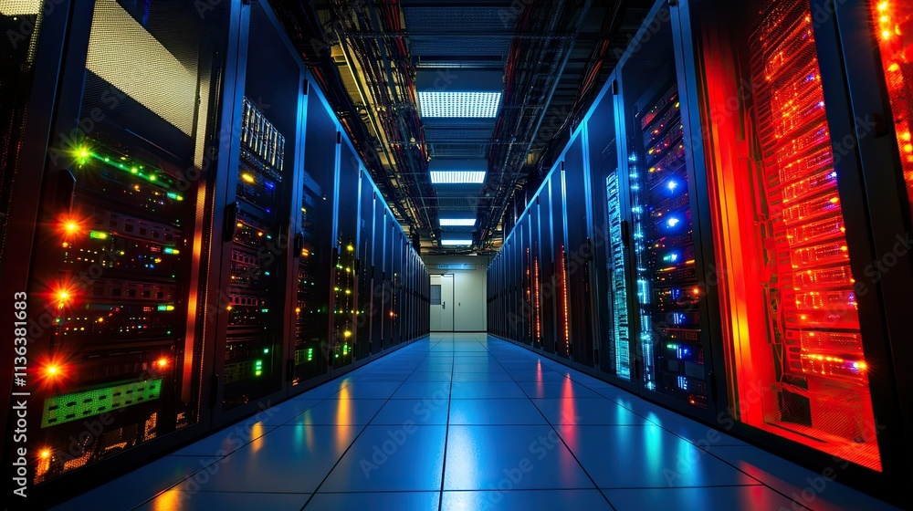 Poster a dark data center with vibrant neon lights reflecting off high-tech server racks and network hubs.