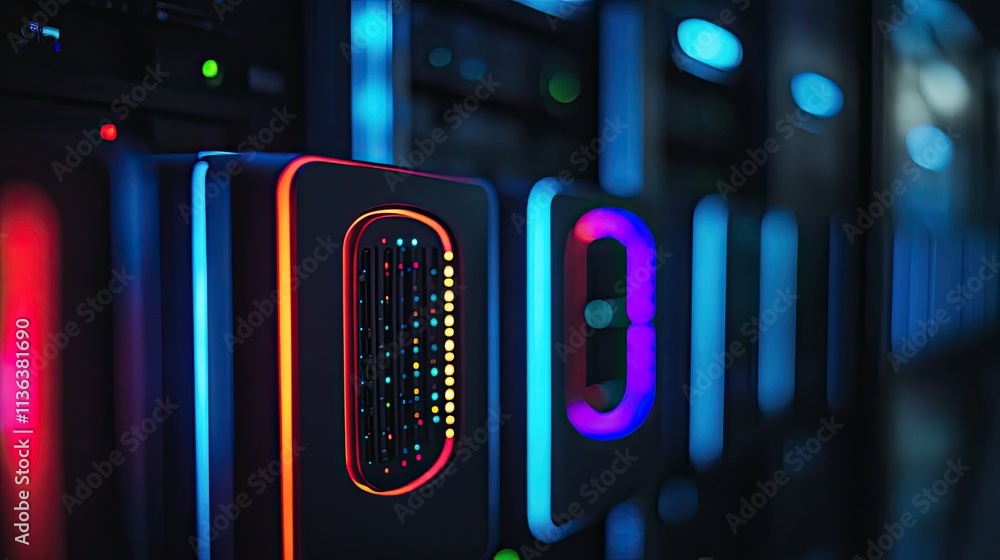 Poster a dark data center with vibrant neon lights reflecting off high-tech server racks and network hubs.