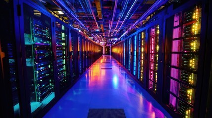A dark data center with vibrant neon lights reflecting off high-tech server racks and network hubs.