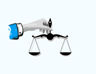 Law and justice concept. Weight scales justice hold in hand judge background. Collage Art Vector illustration