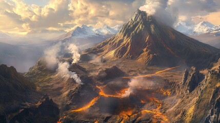 A dramatic volcanic landscape with steaming fumaroles and rugged terrain.