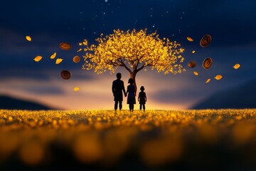 A magical ethnic family gathering under a glowing tree of life, with floating cultural artifacts around them