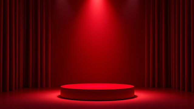 Minimal red podium for christmas product display. Color round pedestal placed on studio floor. 3D shaded, light from top. Red Spot Light in background