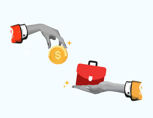 Offering money to secure a job or position. Two businessman hands, one holding a coin and the other a briefcase. Collage Art Vector illustration