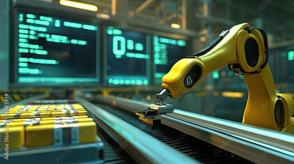 Poster a robotic arm sorting products on a conveyor belt, with digital displays showing data in the backgro