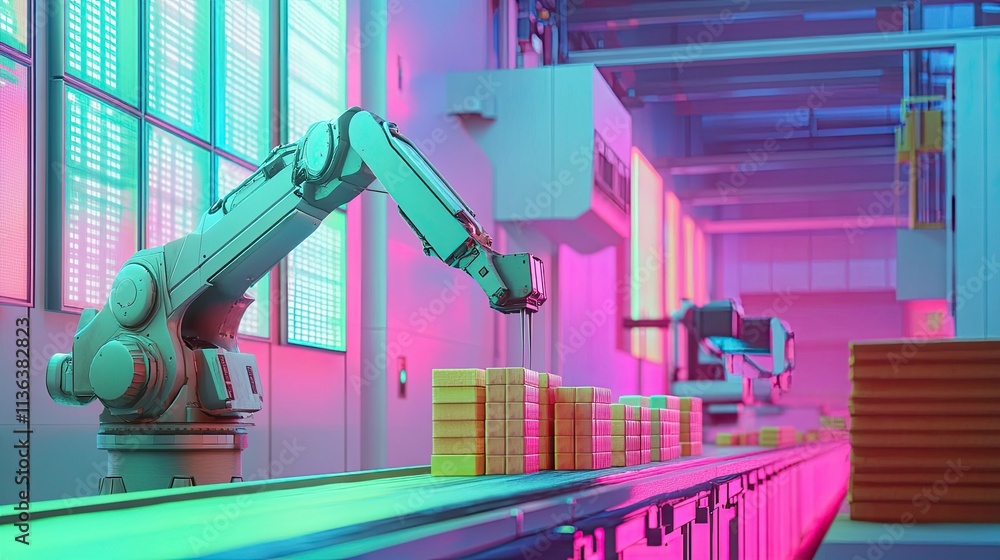 Aufkleber a robotic arm sorting products on a conveyor belt, with digital displays showing data in the backgro