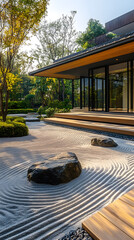 Obraz premium Minimalistic Zen Garden with Raked Sand and Stone Placement 