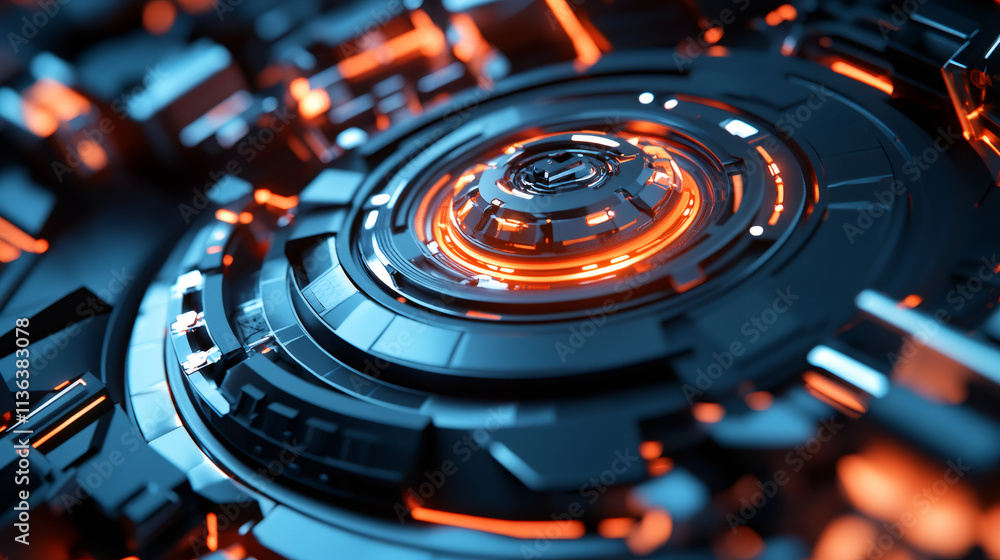 Poster futuristic energy generation: advanced circular structure emitting orange light with complex design