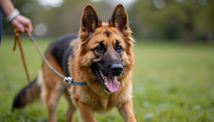 Fototapeta premium Happy German Shepherd dog being walked on a leash in a grassy park during a sunny day 