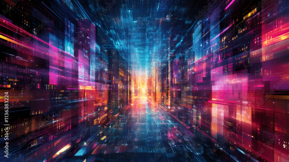 Aufkleber vibrant digital data moving through cyberspace and vibrant server racks, forming a high-tech corrido