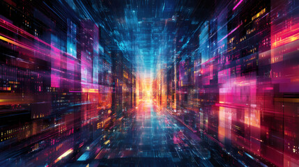 Vibrant digital data moving through cyberspace and vibrant server racks, forming a high-tech corridor of the future