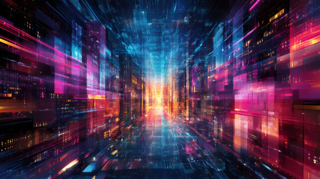 Vibrant digital data moving through cyberspace and vibrant server racks, forming a high-tech corridor of the future - Powered by Adobe