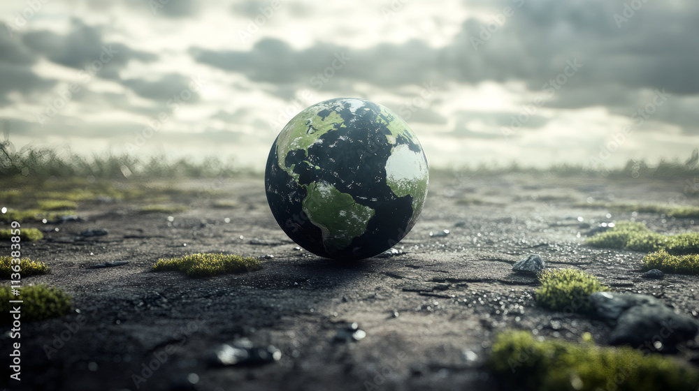Poster planet earth's miniature globe on parched soil with moss and cloudy sky, symbolizing climate change 