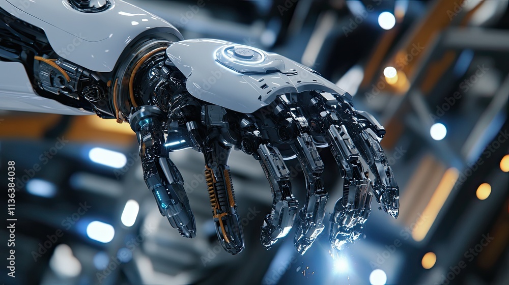 Poster close-up of a robotic arm performing intricate welding tasks in a high-tech factory environment.
