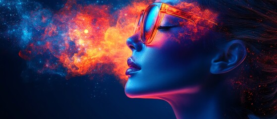 Colorful brain explosion in surreal womans portrait, creativity and imagination concept, deep blue background, vibrant hues, artistic flow of colors