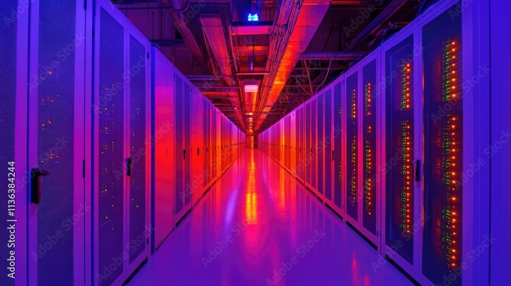 Poster glowing neon-lit aisles in a modern data center, with visible cables connecting massive server racks