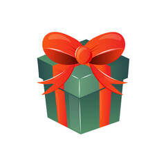 Vector cartoon gift green box with red bow isolated on white background Happy birthday, Christmas, New Year 