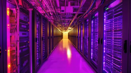 Fototapeta premium Glowing neon-lit aisles in a modern data center, with visible cables connecting massive server racks.
