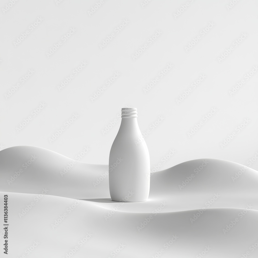Poster minimalist 3d icon of a milk bottle designed with a subtle curve, placed in the center of a vast whi