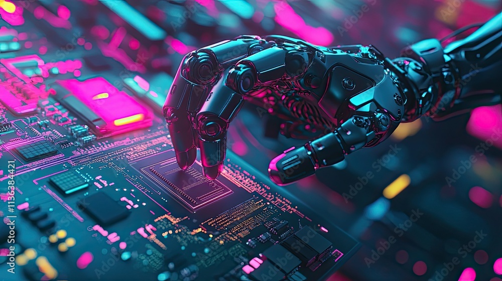 Aufkleber high-tech robotic arm with precision grippers assembling a circuit board under neon lighting.
